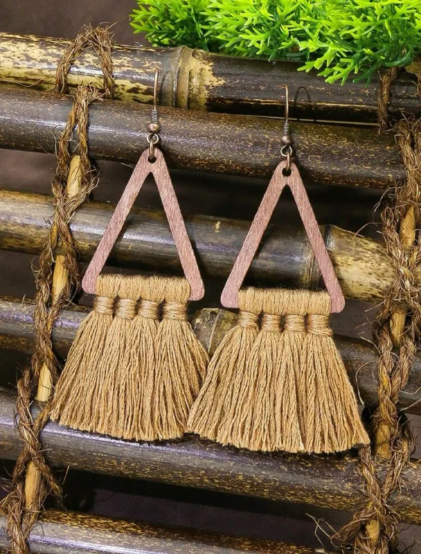 Ladies earrings ruby gems-Wooden Triangle Tassel Earrings