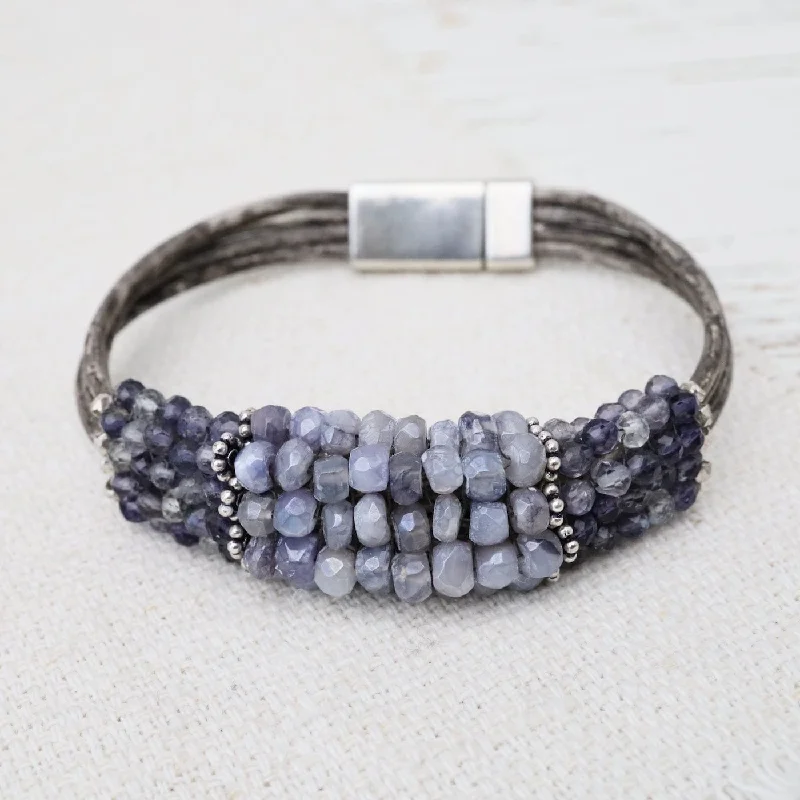 Ladies bracelets discount deals-Hand Stitched Banded Iolite with Silver Trim on Multi Strand Leather Bracelet