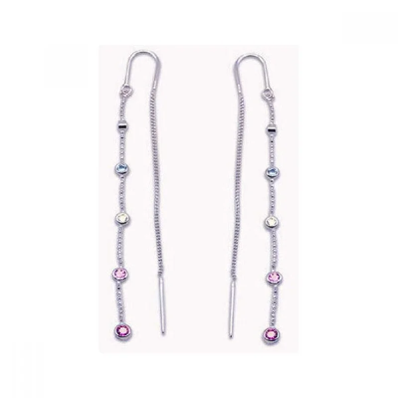 Ladies earrings customer reviews-Silver 925 Rhodium Plated Multicolor CZ Single Strand Dangling Hook Earrings - STE00084