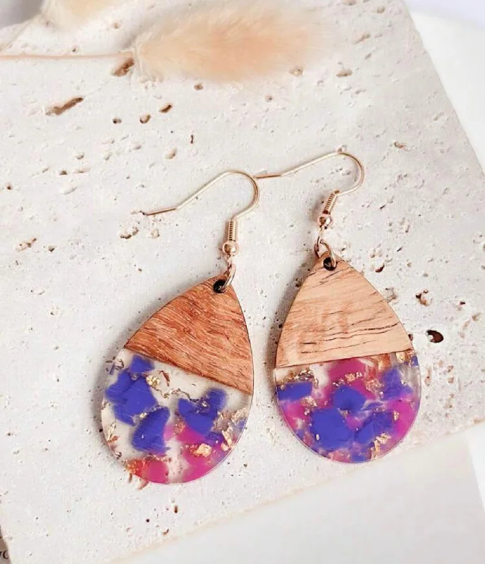 Ladies earrings designer labels-Purple and Pink Wooden Teardrop Earrings