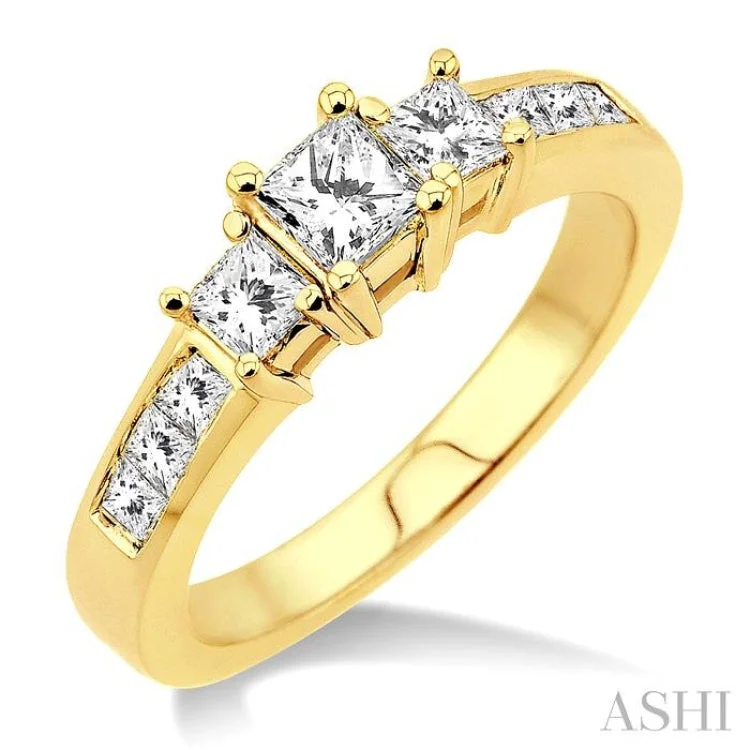 Ladies engagement rings colorful stones-1 Ctw Nine Stone Princess Cut Diamond Engagement Ring in 14K Yellow Gold