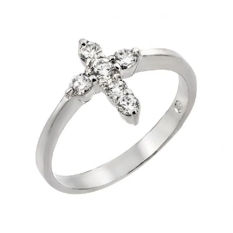 Ladies rings limited editions-Silver 925 Rhodium Plated Clear CZ Mini Cross Ring - BGR00768