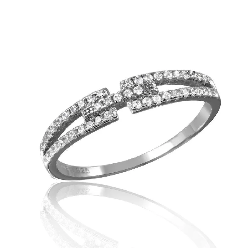 Ladies rings geometric patterns-Silver 925 Rhodium Plated Open Shank CZ Ring - STR01056