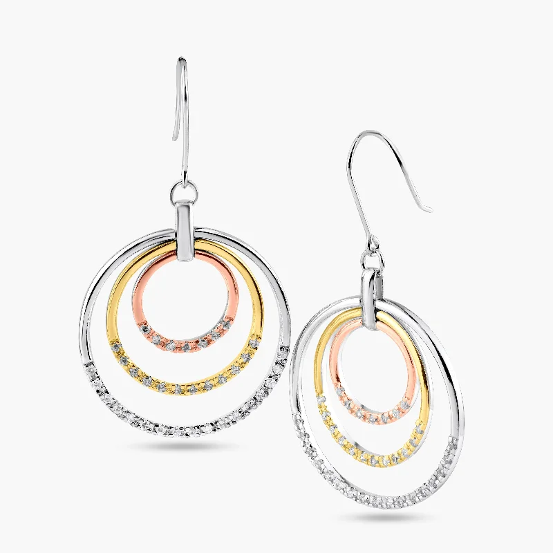 Ladies earrings delicate drops-Silver 925 Gold and Silver Rhodium Plated Multiple Open Circle Clear CZ Dangling Hook Earrings - BGE00051