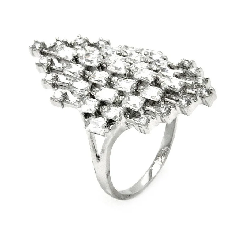 Ladies rings star motifs-Silver 925 Rhodium Plated Clear Baguette and Round CZ Diamond Shaped Ring - BGR00441