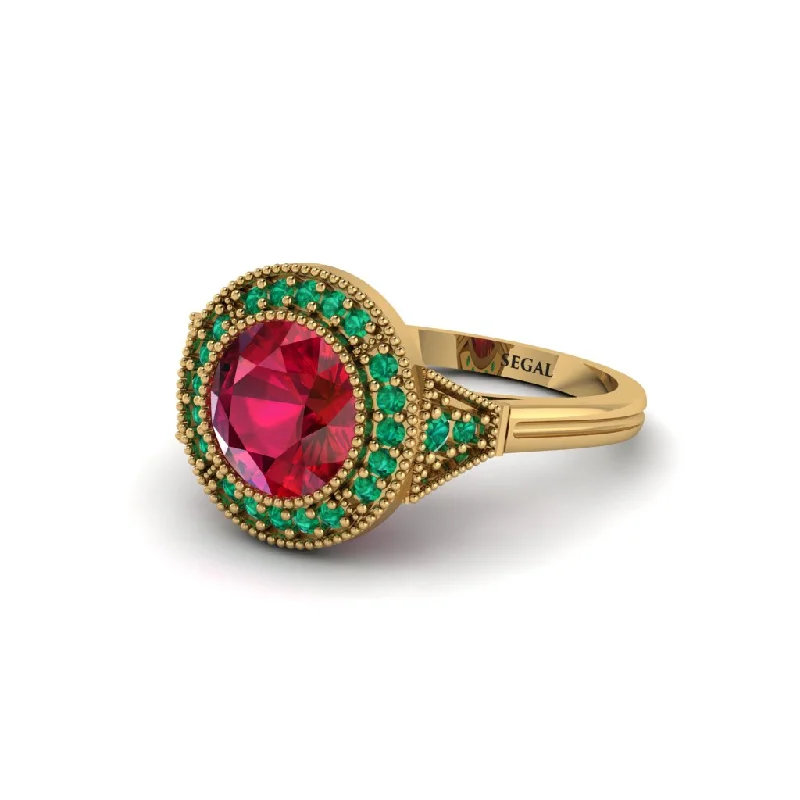 Ladies engagement rings dream styles-Round Cut Ruby Milgrain Halo Engagement Ring - Maggie No. 25