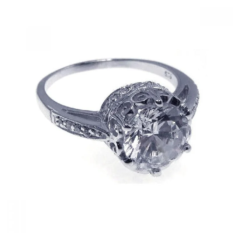 Ladies rings titanium options-Silver 925 Rhodium Plated CZ Round Antique Ring - STR00523