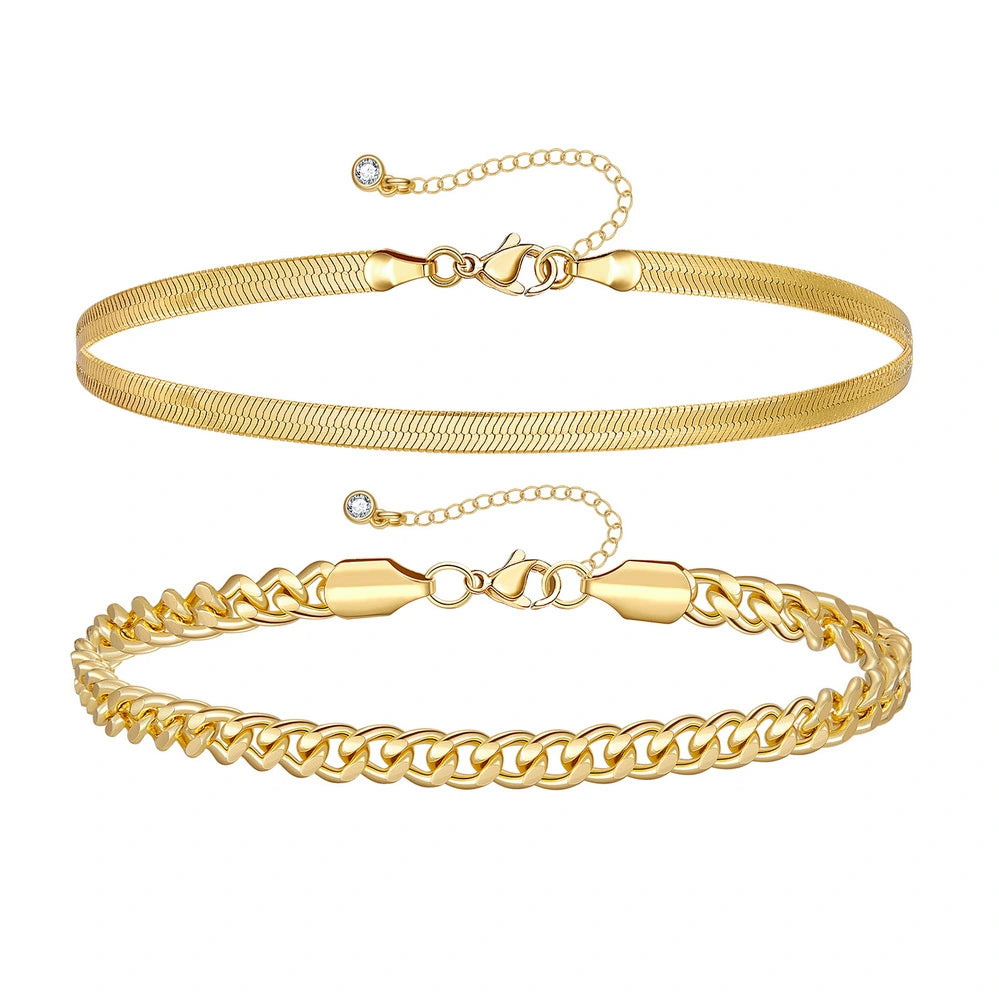 Ladies bracelets luxurious looks-Dainty 14k Gold Plated Layering Anklets Bracelets Set-Cuban & Snake