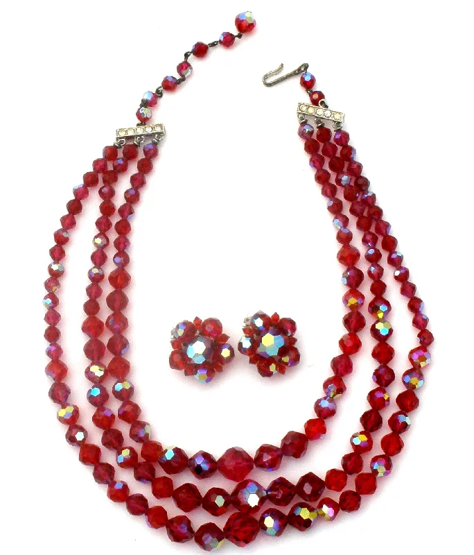 Ladies necklaces statement pieces-Laguna Red Glass Bead Necklace Set Vintage