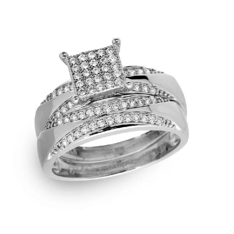 Ladies rings ring finger-Silver 925 Rhodium Plated Square Pave Center Trio Bridal Ring - GMR00160