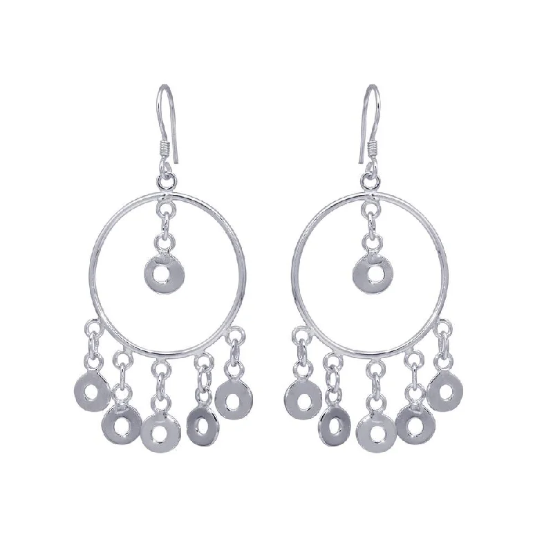 Ladies earrings floral accents-Silver 925 Rhodium Plated Multiple Open Black Circles Dangling Chandelier Hook Earrings - DSE00071