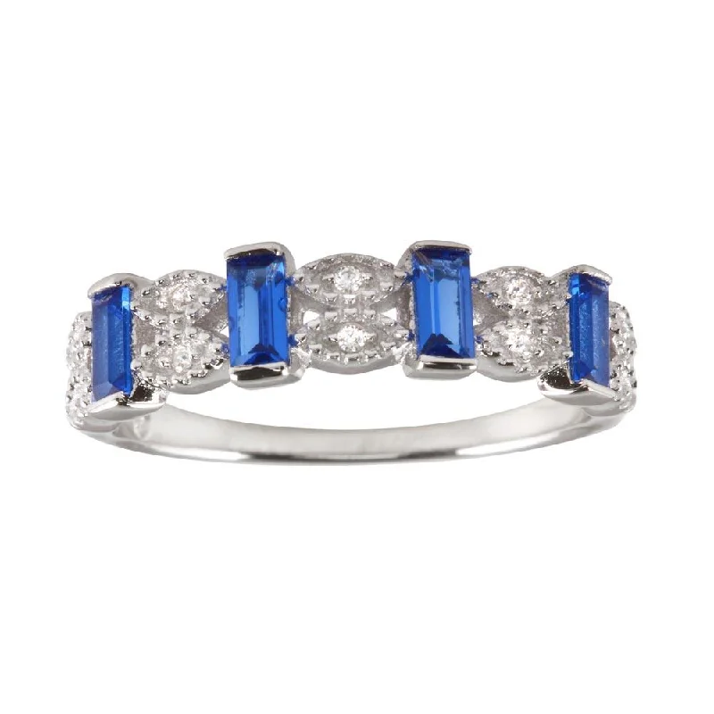 Ladies rings wedding accessories-Rhodium Plated 925 Sterling Silver Blue Bar CZ Link Ring  - BGR01223BLU