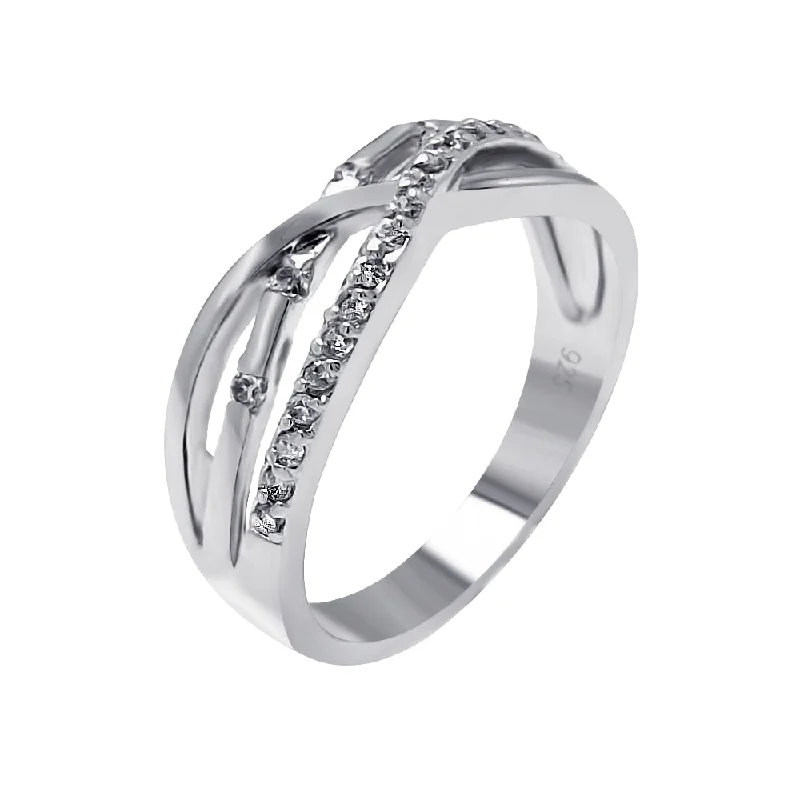 Ladies rings open patterns-Silver 925 Rhodium Plated Clear CZ 3 Row Overlap Ring - BGR00510