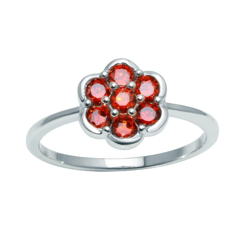 Ladies rings boho vibes-Rhodium Plated 925 Sterling Silver Flower Ring with Red CZ - BGR01152RED