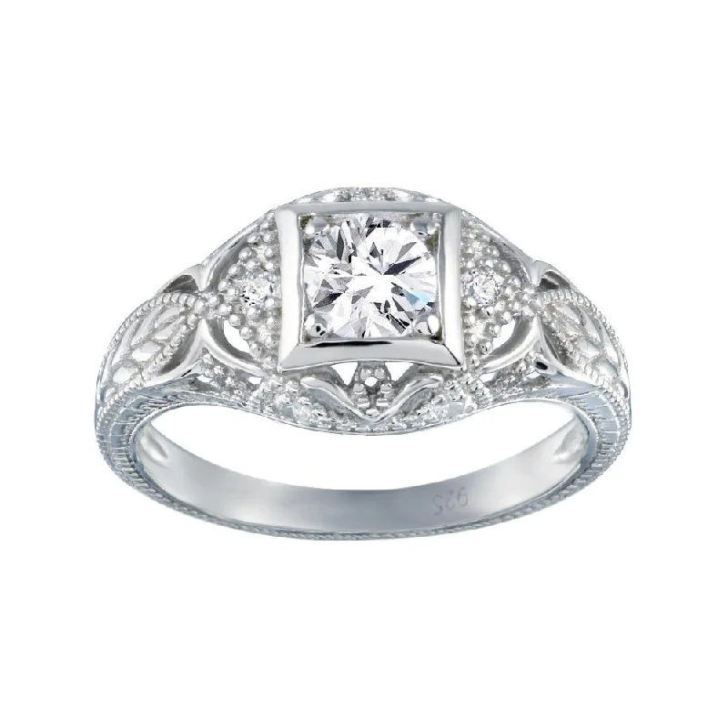 Ladies rings white gold-Silver 925 Rhodium Plated Clear CZ Inlay Antique Ring - ACR00014