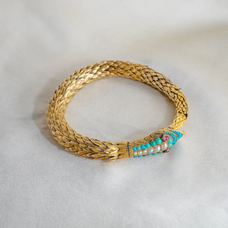 Ladies bracelets jade accents-Antique Victorian Snake Bracelet 18k Yellow Gold With Turquoise, Pearl and Garnet Detail