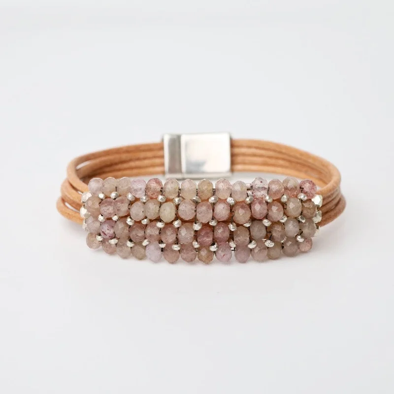 Ladies bracelets Valentine’s Day-Muscovite & Sterling Detail On Multi Strand Leather Bracelet