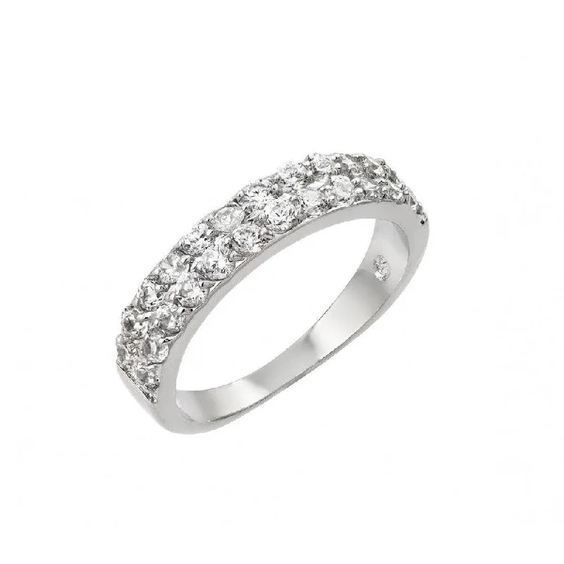 Ladies rings synthetic jewels-Silver 925 Rhodium Plated Clear Inlay CZ 2 Row Half Ring - BGR00902