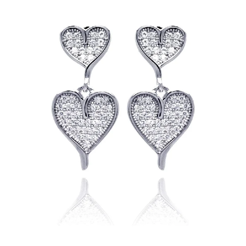 Ladies earrings bridal essentials-Silver 925 Rhodium Plated Micro Pave Clear Graduated Heart CZ Dangling Earrings - ACE00052