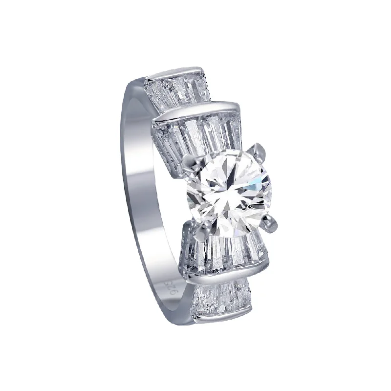 Ladies rings floral accents-Rhodium Plated 925 Sterling Silver Clear Baguette Round Center CZ Bridal Ring - BGR00078