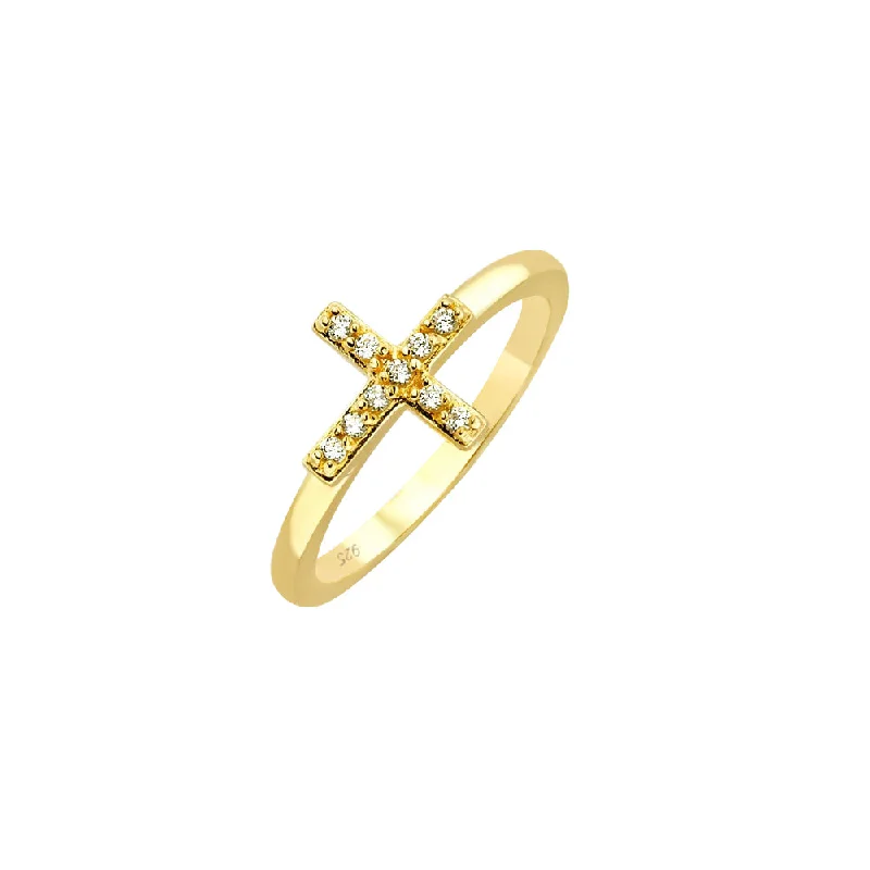 Ladies rings e-commerce sites-Silver 925 Gold Plated Clear CZ Mini Cross Ring - BGR00614GP