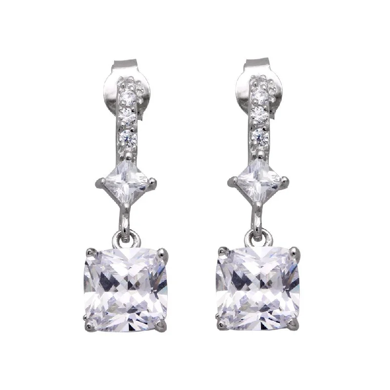 Ladies earrings proposal surprises-Silver 925 Rhodium Plated Square CZ Dangling Post Earrings - STE00448