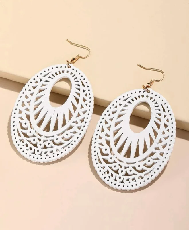 Ladies earrings latest styles-White Hollow Oval Drop Earrings