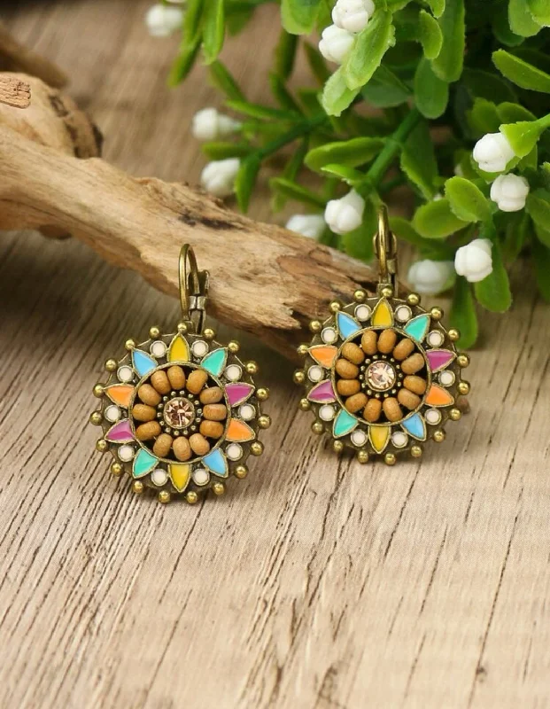 Ladies earrings customer reviews-Round Multicolored Floral Huggie Earrings