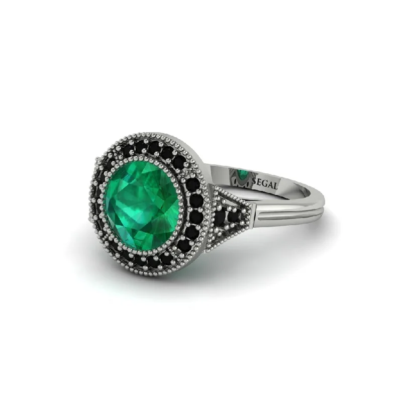 Ladies engagement rings size guide-Round Cut Emerald Milgrain Halo Engagement Ring - Maggie No. 36