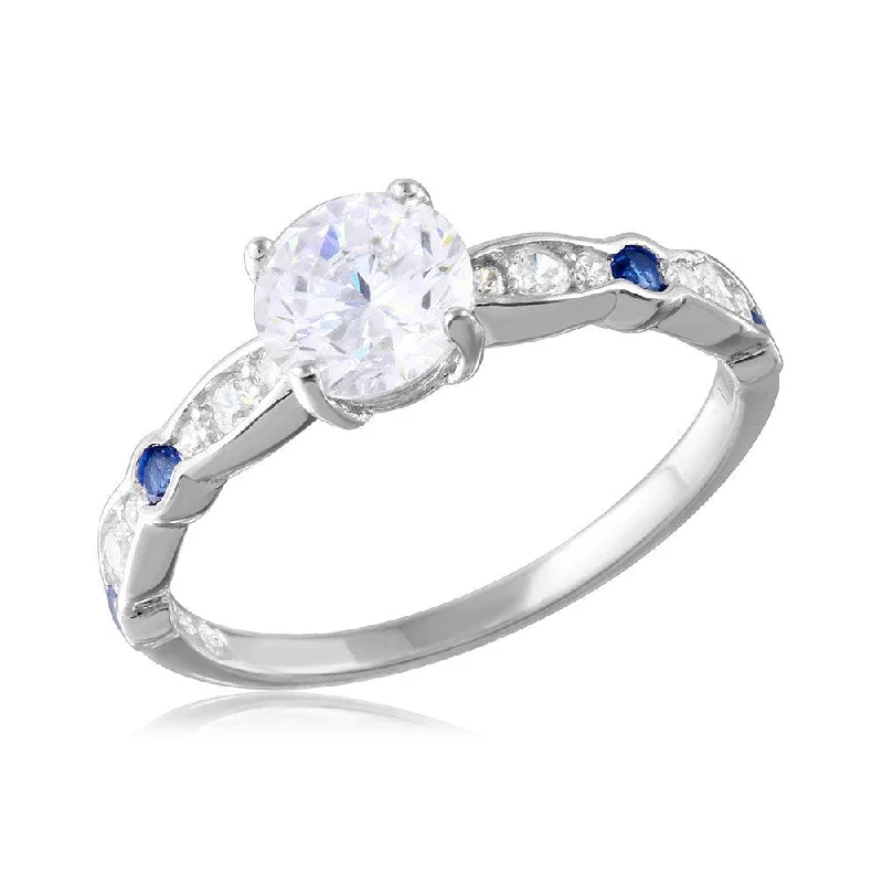 Ladies rings Christmas designs-Silver 925 Rhodium Plated Blue and Clear CZ Ring - BGR01077