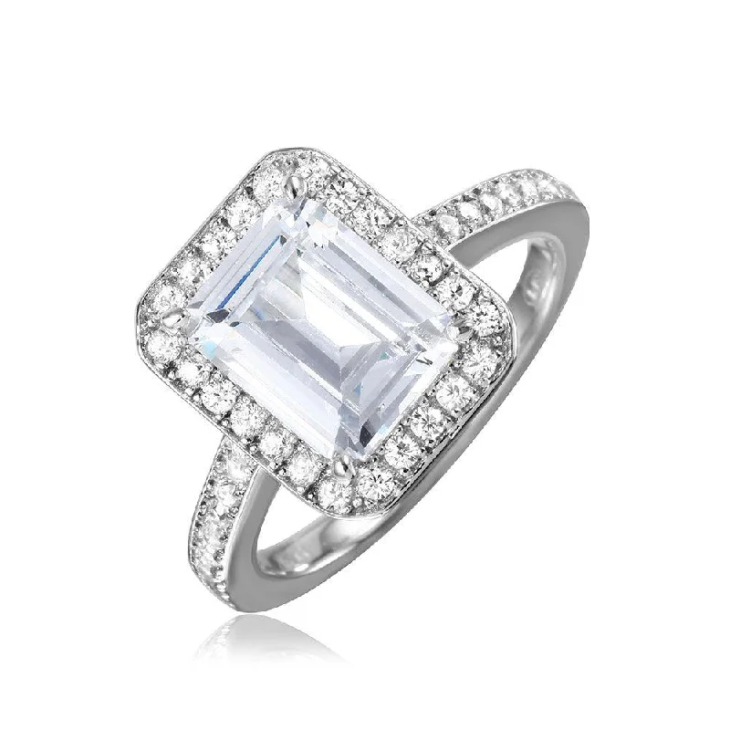 Ladies rings pure silver-Silver 925 Rhodium Plated Emerald Cut Halo Ring - GMR00082