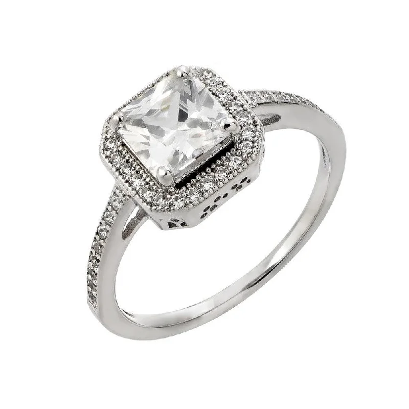 Ladies rings stacking trends-Silver 925 Rhodium Plated Clear Cluster Square Cut CZ Bridal Ring - STR00933