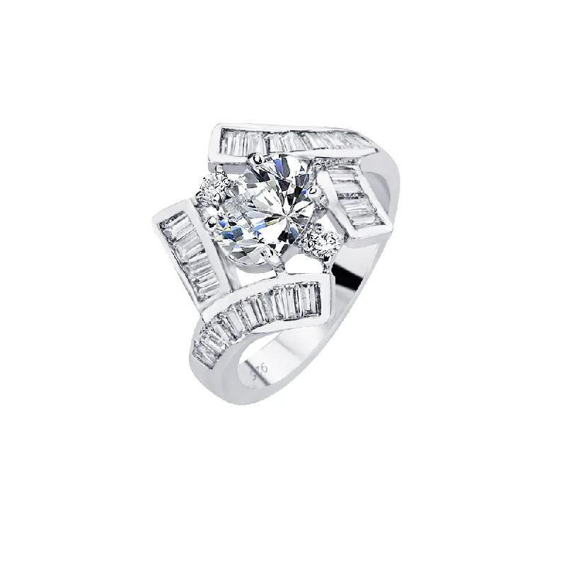 Ladies rings limited editions-Silver 925 Rhodium Plated Clear Baguette Round Center CZ Overlap Bridal Ring - BGR00566