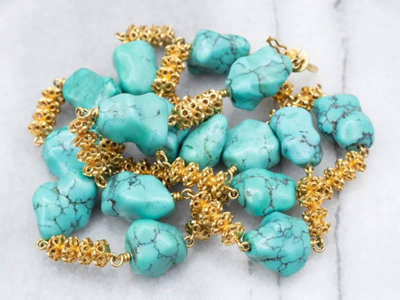 Ladies necklaces personalized-Stunning 18-Karat Gold Turquoise Nugget Beaded Necklace