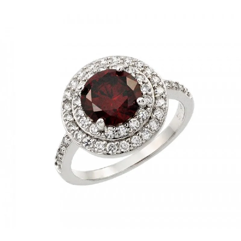 Ladies rings engagement options-Silver 925 Rhodium Plated Red Center and Clear Cluster CZ Ring - BGR00886RED