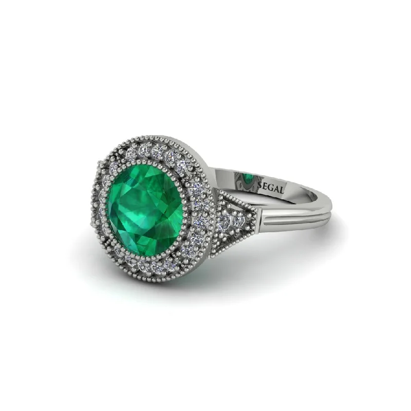 Ladies engagement rings care tips-Round Cut Emerald Milgrain Halo Engagement Ring - Maggie No. 6