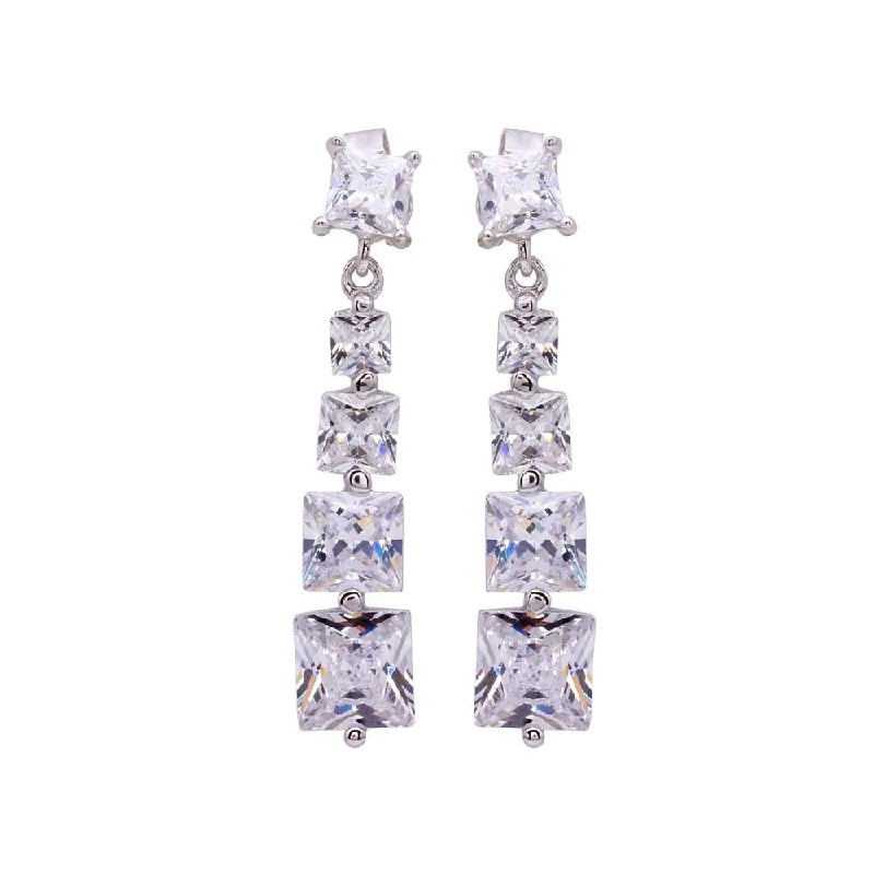 Ladies earrings synthetic jewels-Silver 925 Rhodium Plated Four Graduated Square CZ Dangling Earrings - STE00282