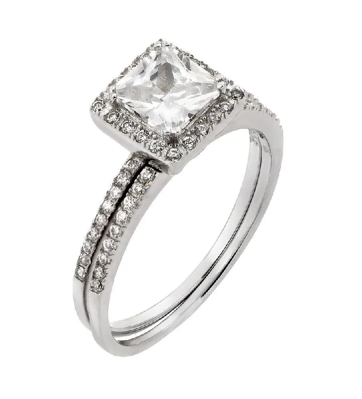 Ladies rings silver finishes-Silver 925 Rhodium Plated Band Square CZ Ring - STR00931