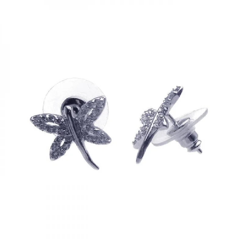 Ladies earrings cute accents-Silver 925 Rhodium Plated Dragonfly CZ Earrings - BGE00105