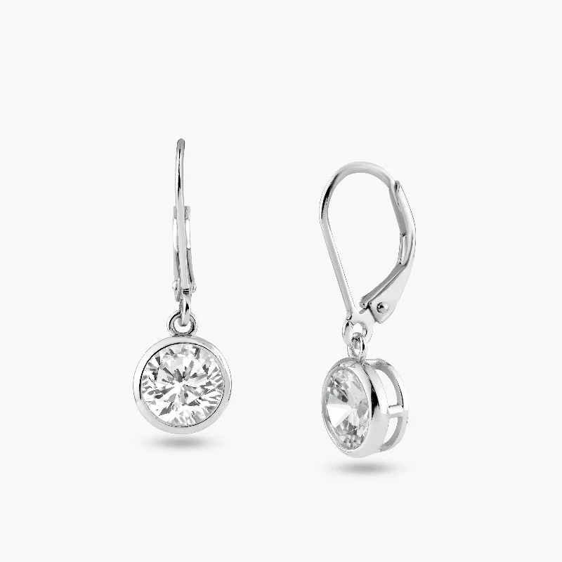 Ladies earrings unique designs-Silver 925 Rhodium Plated Round Clear CZ Dangling Hook Earrings - STE00877