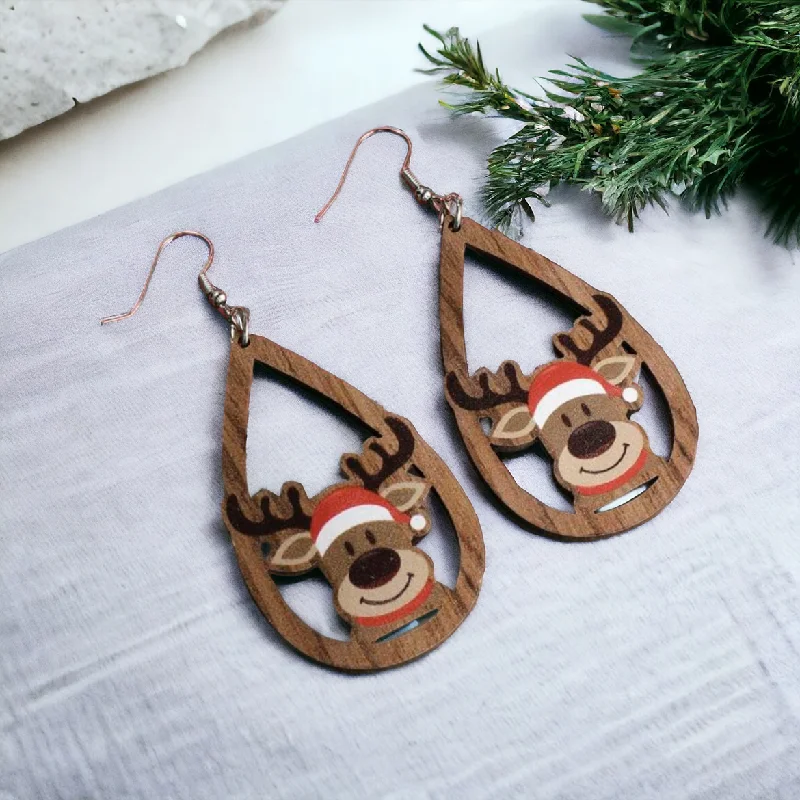 Ladies earrings proposal surprises-Adorable Wooden Reindeer Drop Earrings