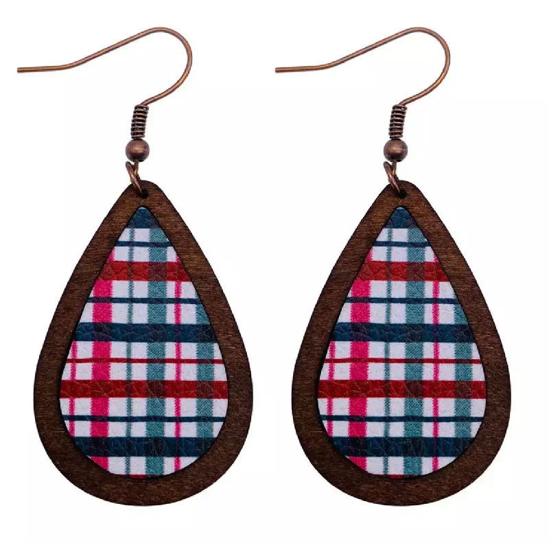 Ladies earrings global brands-Beautiful Red and Green Plaid Striped Wooden Drop Earrings