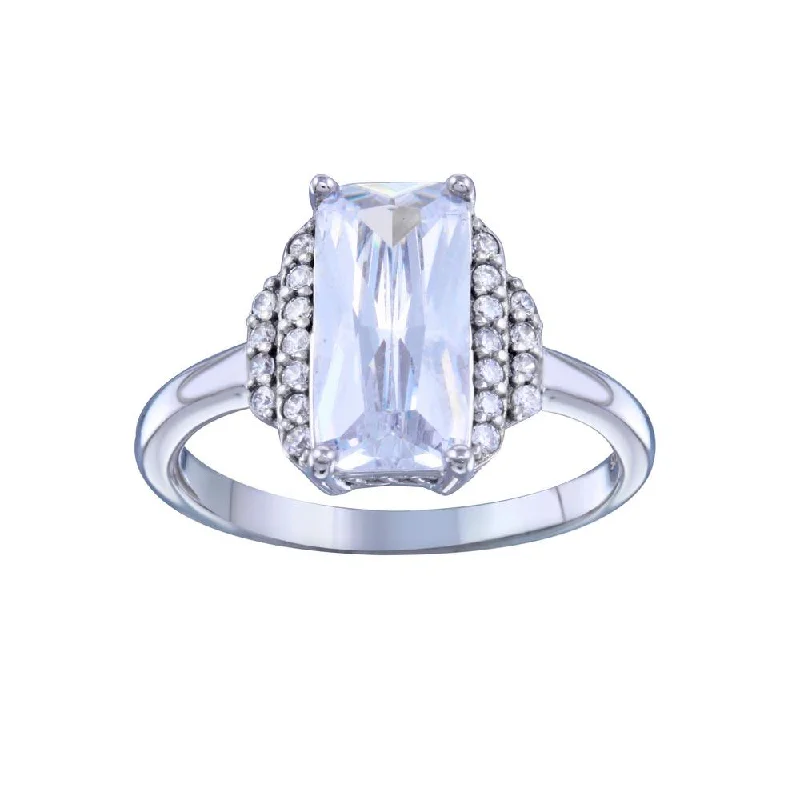 Ladies rings vintage charm-Rhodium Plated 925 Sterling Silver Layered Rectangle Center CZ Bridal Ring - STR01139