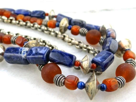 Ladies necklaces holiday gifts-Sodalite and Glass Beaded Antique Silver Necklace