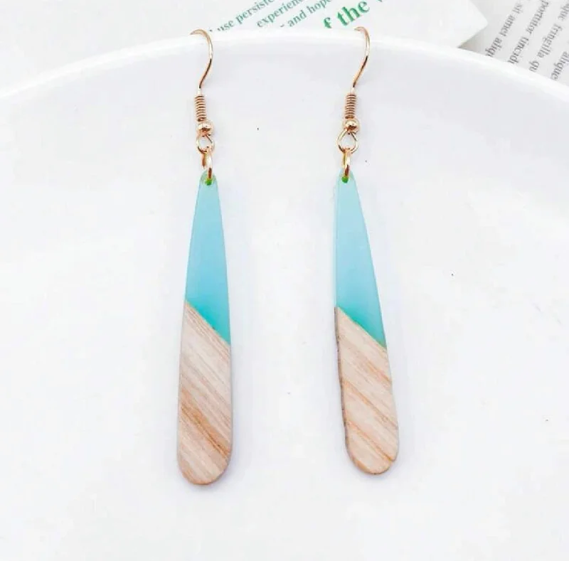 Ladies earrings European flair-Gorgeous Wood and Light Blue Resin Bar Earrings