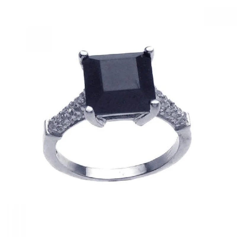 Ladies rings sapphire stones-Silver 925 Rhodium Plated Black Square Center Pave Set Clear CZ Ring - STR00635