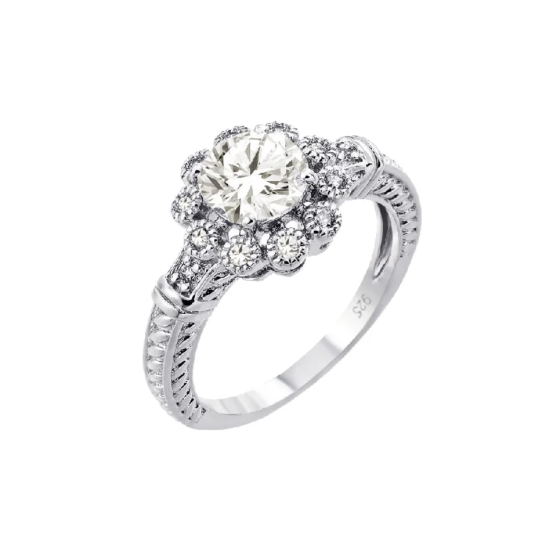 Ladies rings sister sets-Silver 925 Rhodium Plated Clear CZ Bridal Flower Ring - BGR00782