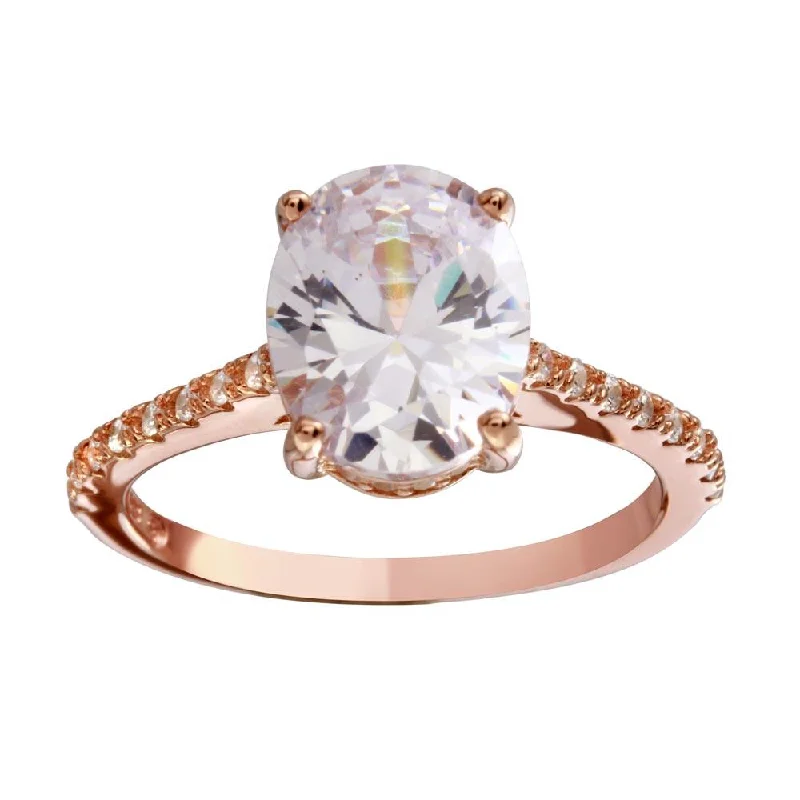 Ladies rings youthful flair-Rose Gold Plated 925 Sterling Silver Oval Solitaire CZ Band Ring - BGR01184RGP