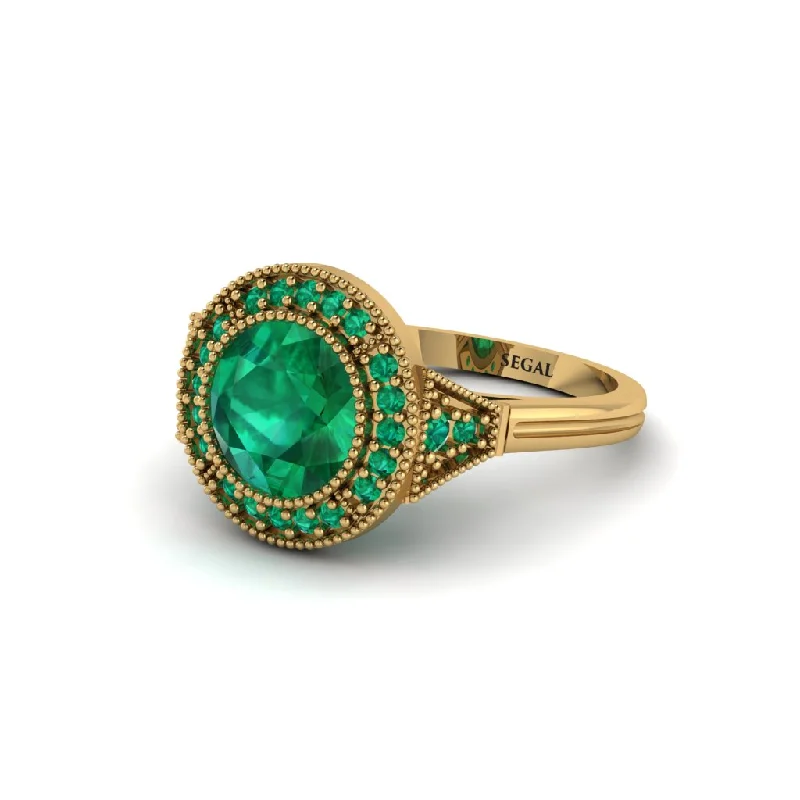 Ladies engagement rings statement rings-Round Cut Emerald Milgrain Halo Engagement Ring - Maggie No. 19