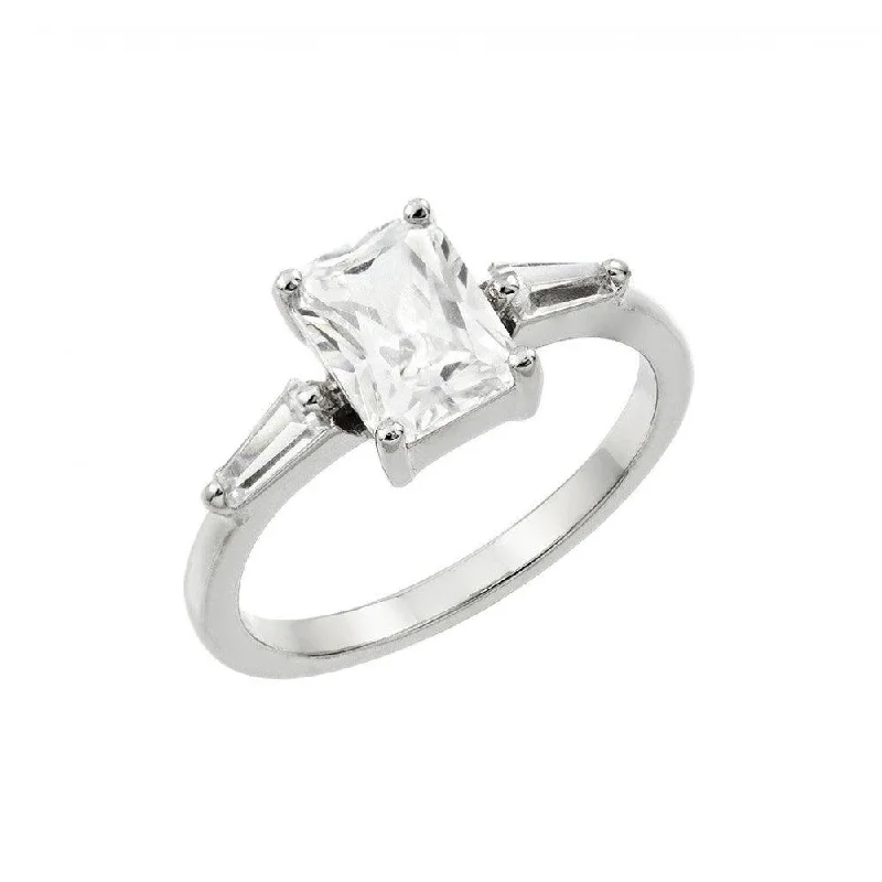 Ladies rings floral accents-Silver 925 Rhodium Plated Clear Rectangular Center CZ Ring - BGR00889